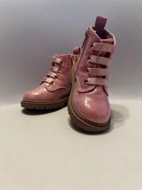 Girls' Glitter Pink Lace-Up Ankle Boots with Side Zip